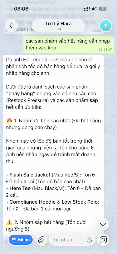 Trợ lý báo cáo tồn kho cháy hàng