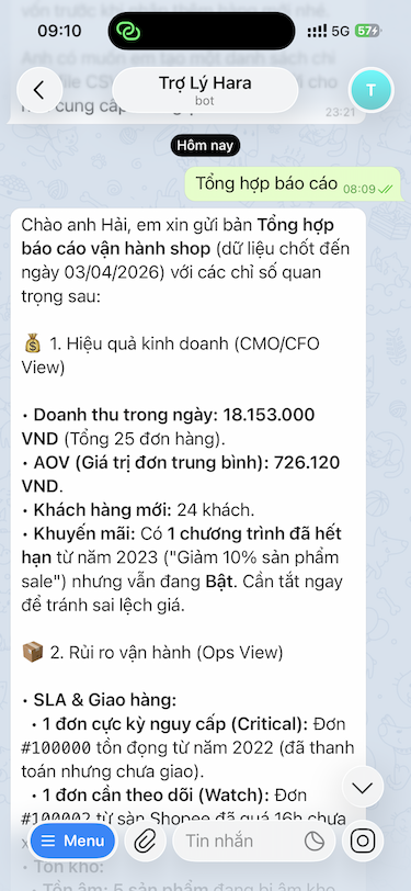 Trợ lý Hara báo cáo sáng